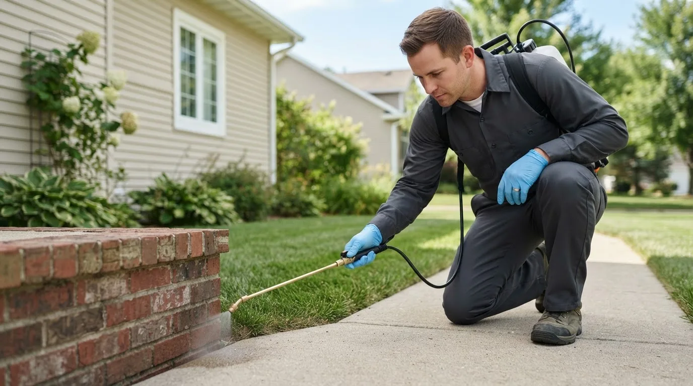 Pest control technician treating a home near Geuda Springs, KS